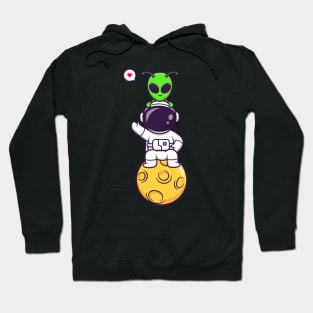 Cute Astronaut Siting On Moon With Alien Cartoon Hoodie